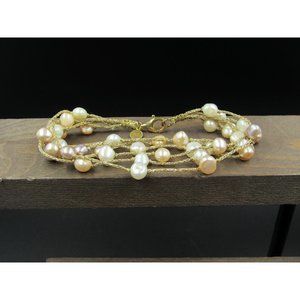 8" Sterling Silver & Cord Various Real Pearls Bracelet Vintage Elegant Beautiful